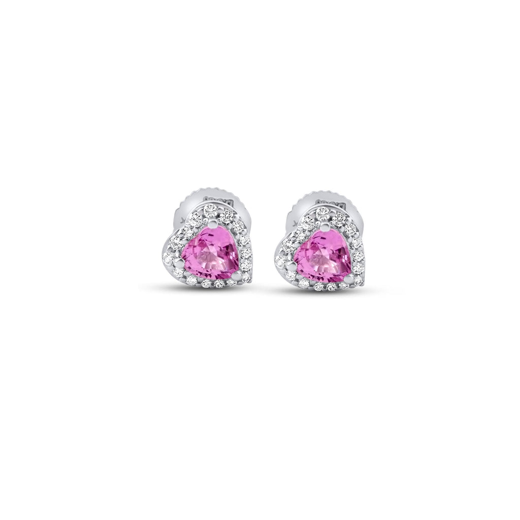 Pendientes de botón pequeños de corazón con zafiro rosa y diamantes en oro blanco de 18K