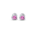 Pendientes de botón pequeños de corazón con zafiro rosa y diamantes en oro blanco de 18K