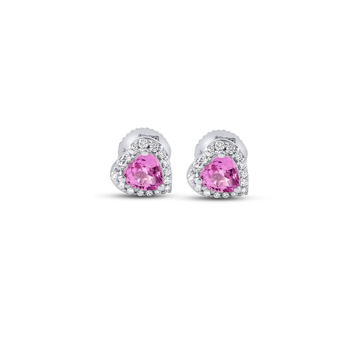Small pink sapphire and diamond heart stud earrings in 18K white gold