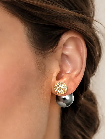 Tahitian pearl and diamond front-back earring in 18K yellow gold, worn on the ear