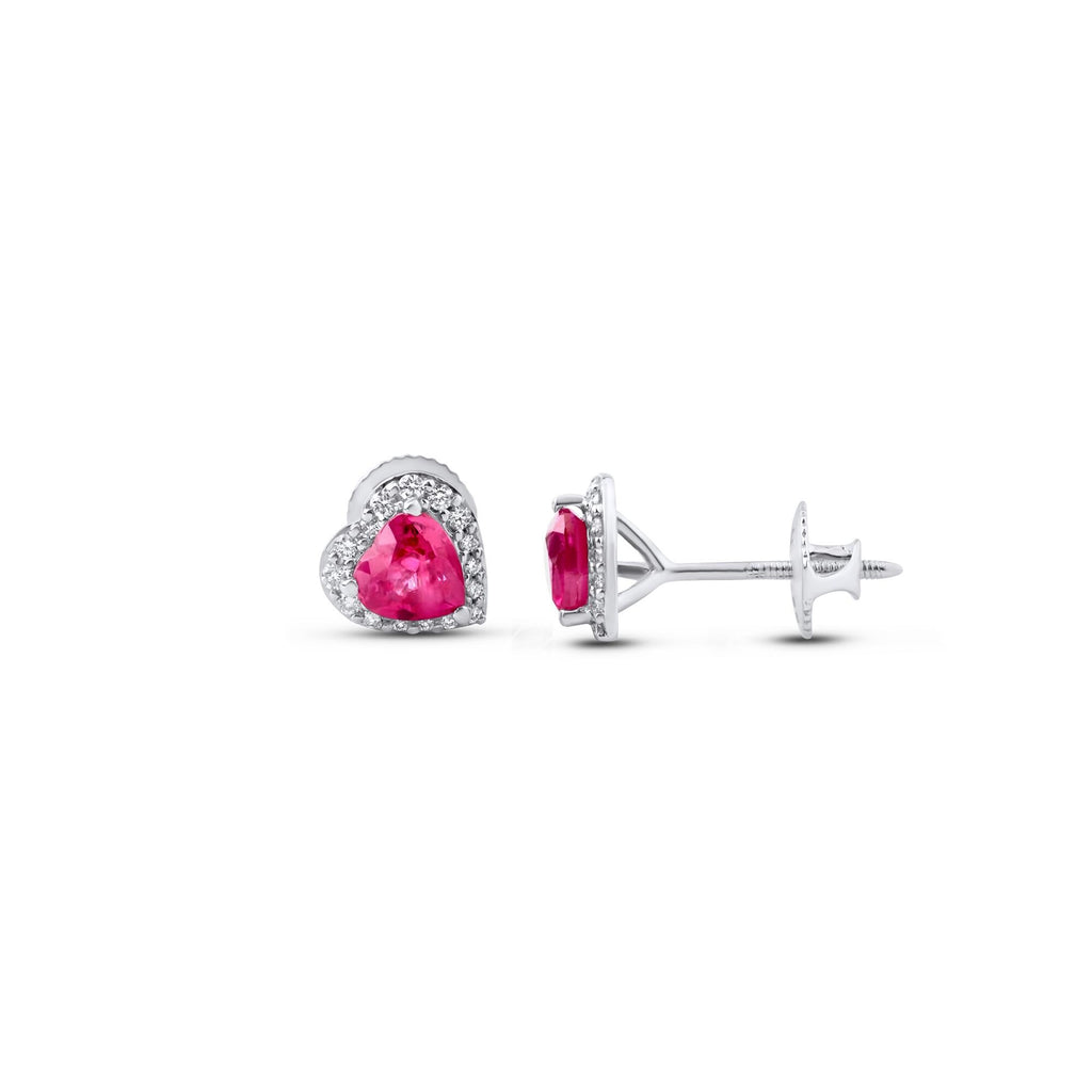 Pink sapphire and diamond heart halo stud earrings in 18K white gold, view 10