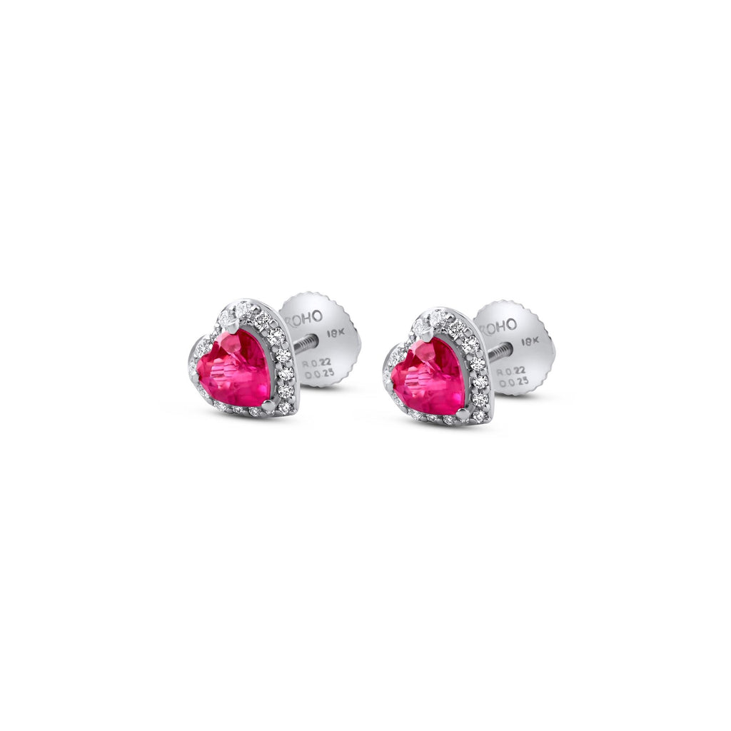 Pink sapphire and diamond heart halo stud earrings in 18K white gold, view 9