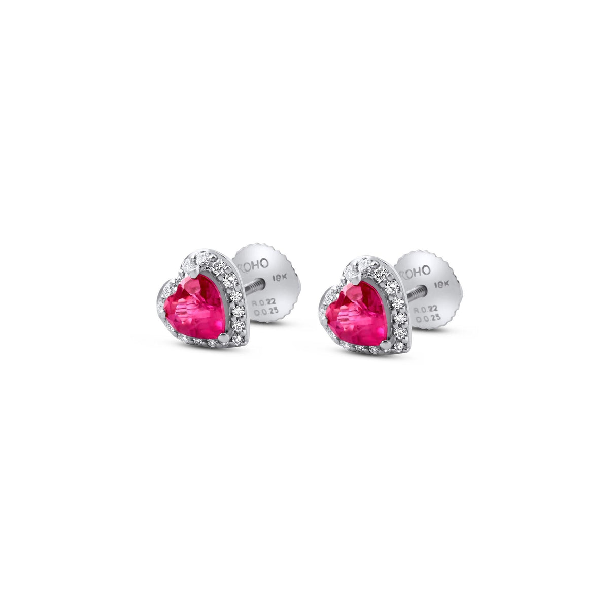 Pink sapphire and diamond heart halo stud earrings in 18K white gold, view 9