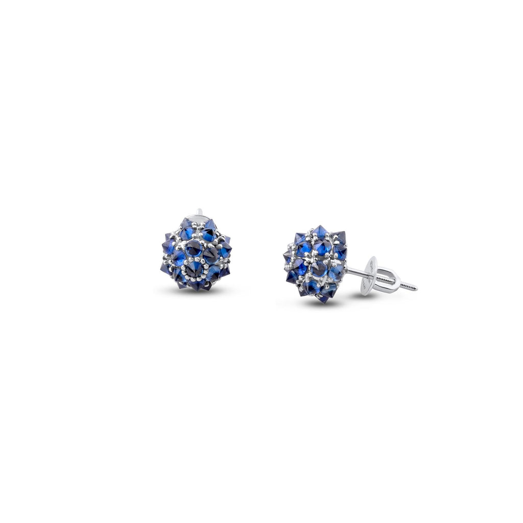 Blue sapphire spike ball stud earrings in 18K gold, view 14