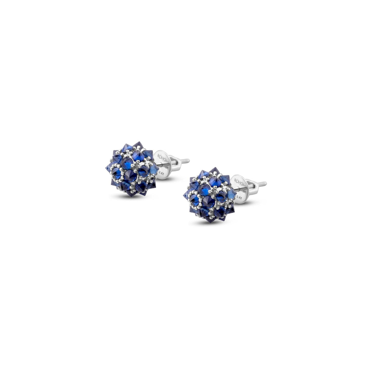 Blue sapphire spike ball stud earrings in 18K gold, view 18