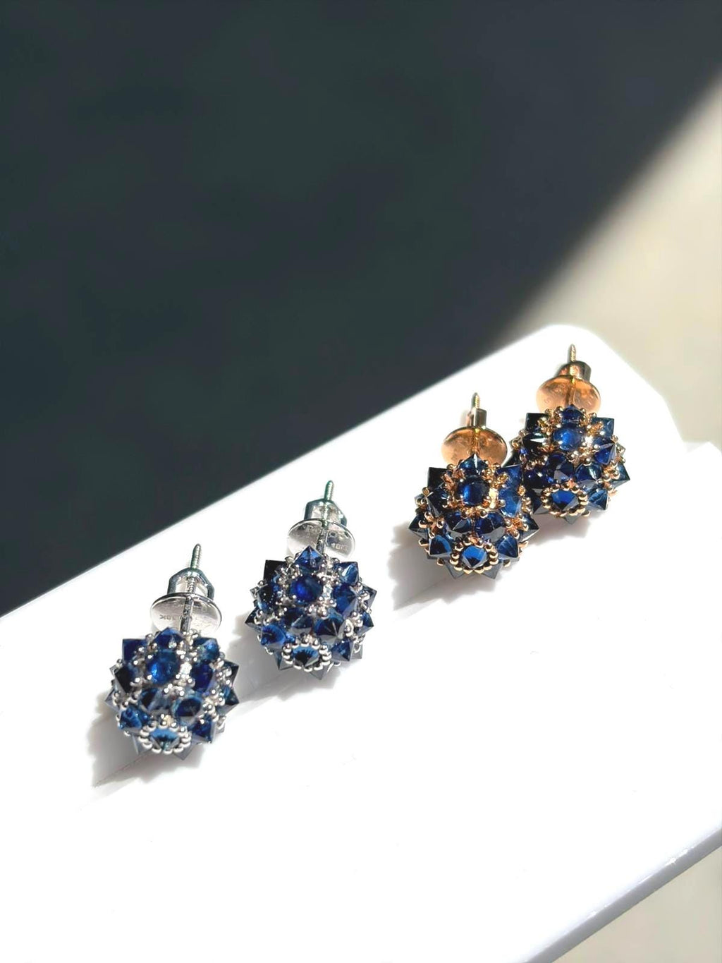 Blue sapphire spike ball stud earrings in 18K gold, view 6
