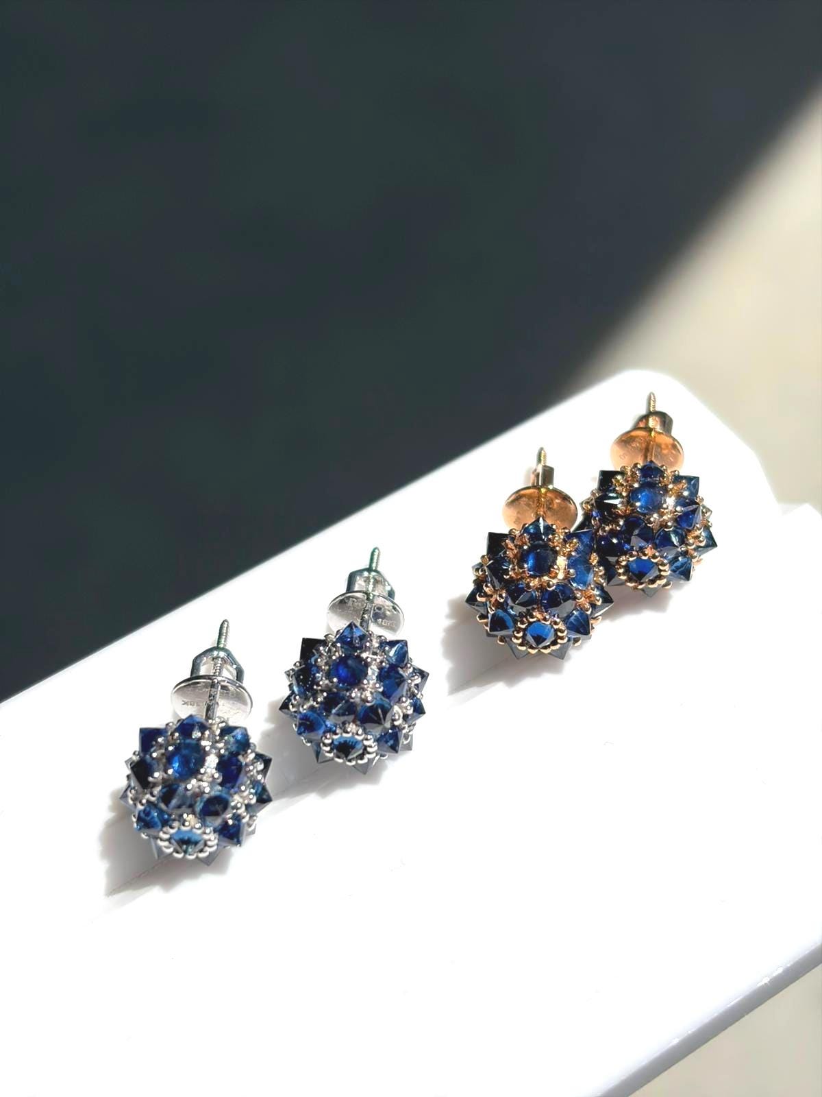 Blue sapphire spike ball stud earrings in 18K gold, view 6