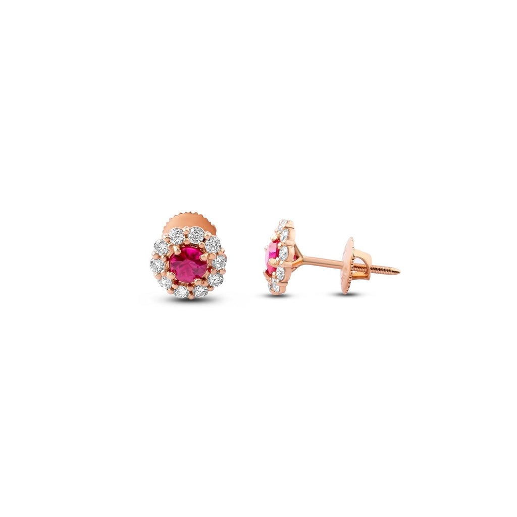 Orecchini a lobo halo con rubini e diamanti in oro rosa 18K, vista 5