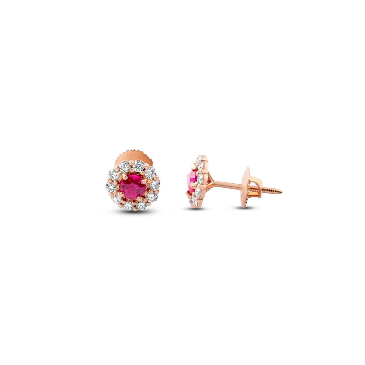 Ruby and diamond halo stud earrings in 18K rose gold, view 5