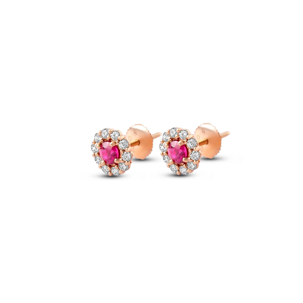 Ruby and diamond halo stud earrings in 18K rose gold