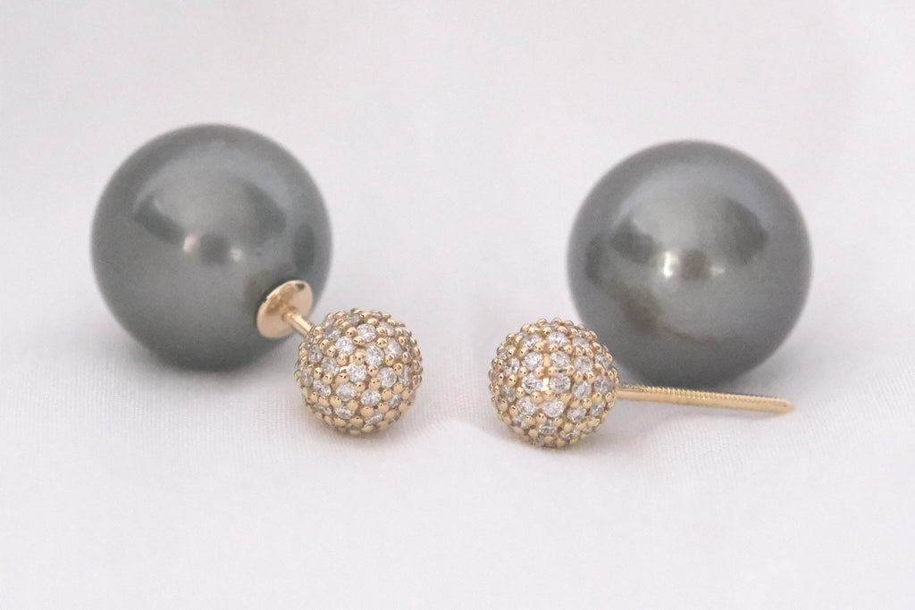 Tahitian pearl and diamond front-back earrings in 18K yellow gold, view 12