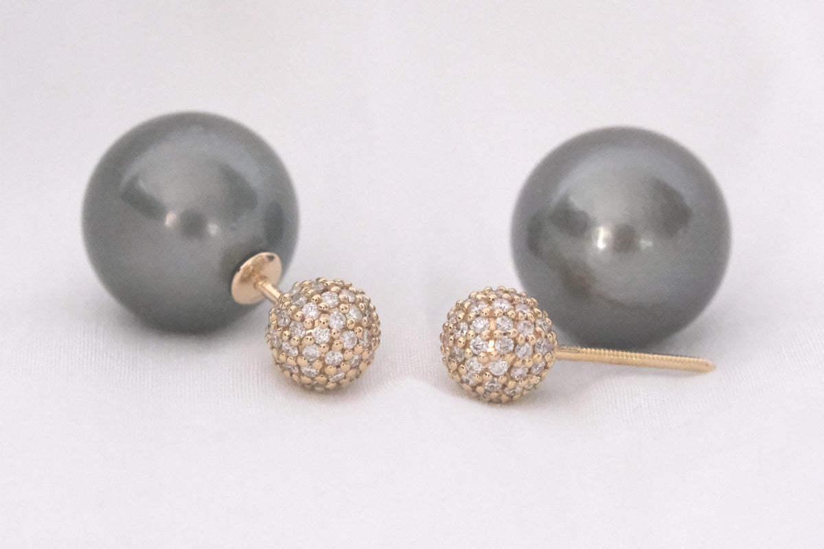 Tahitian pearl and diamond front-back earrings in 18K yellow gold, view 12