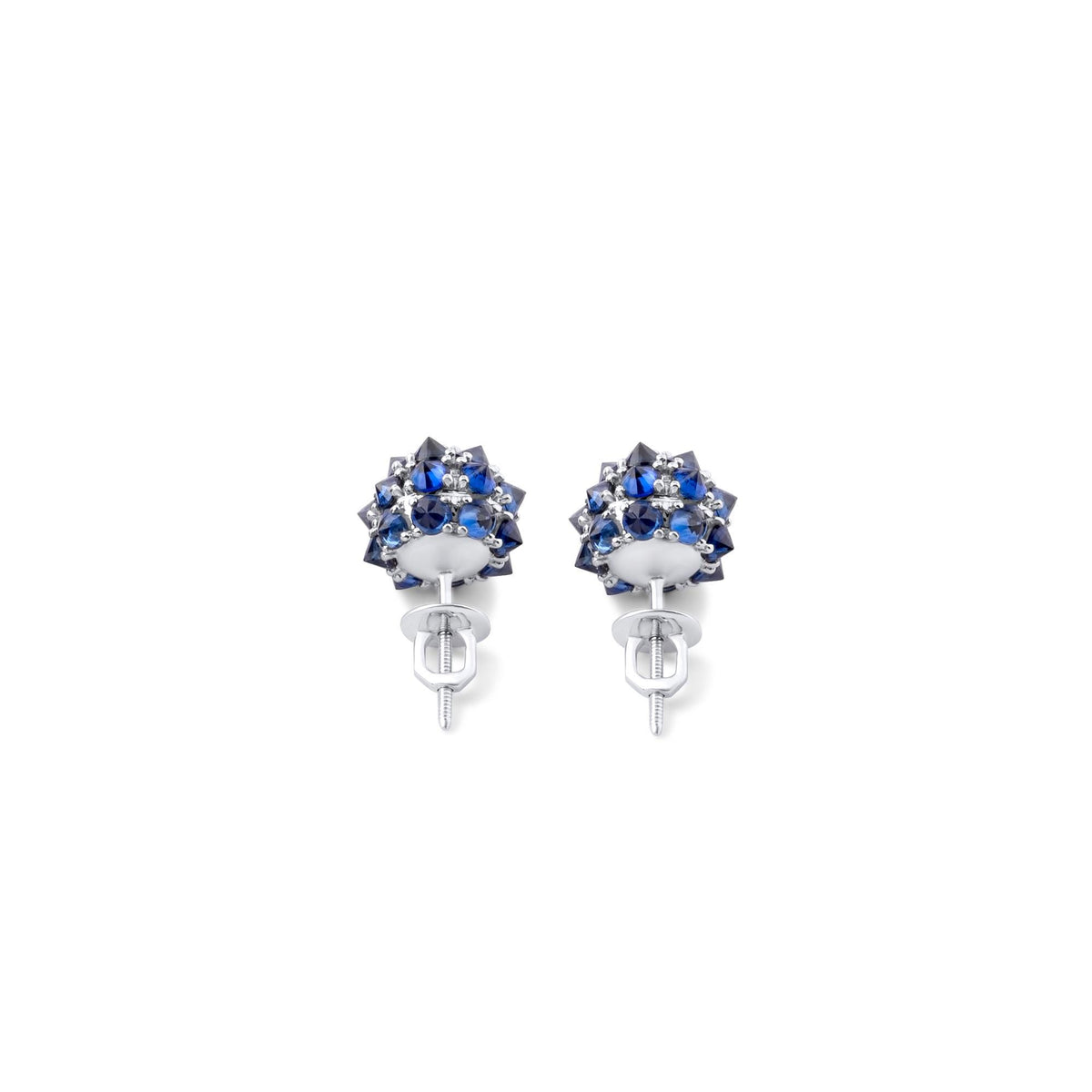 Blue sapphire spike ball stud earrings in 18K gold, view 16