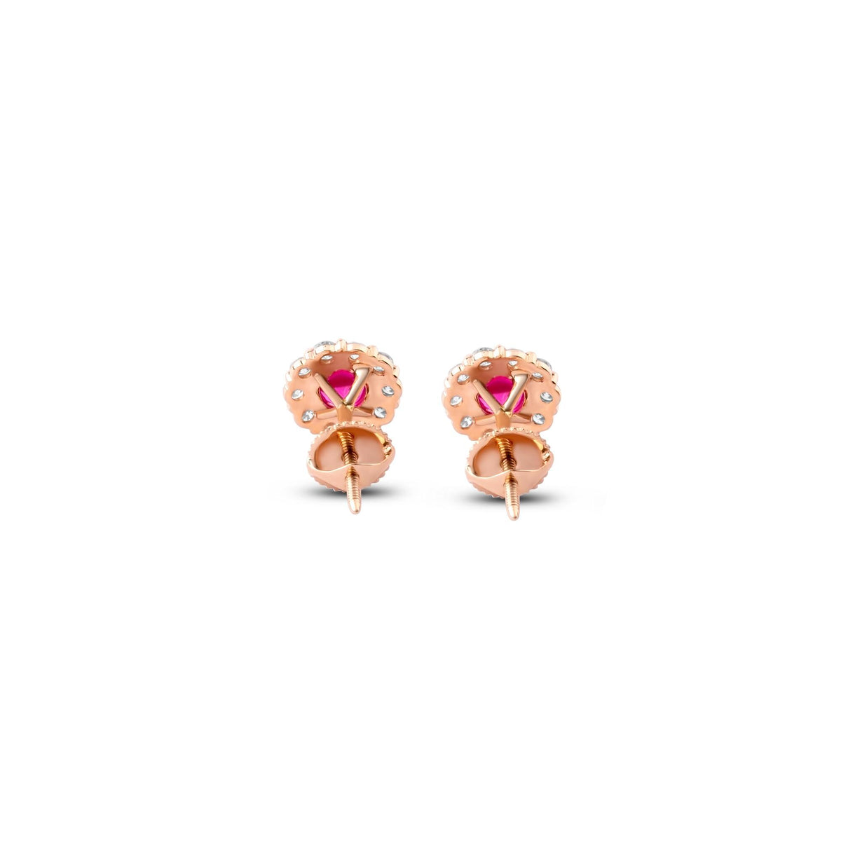 Orecchini a lobo halo con rubini e diamanti in oro rosa 18K, vista 6