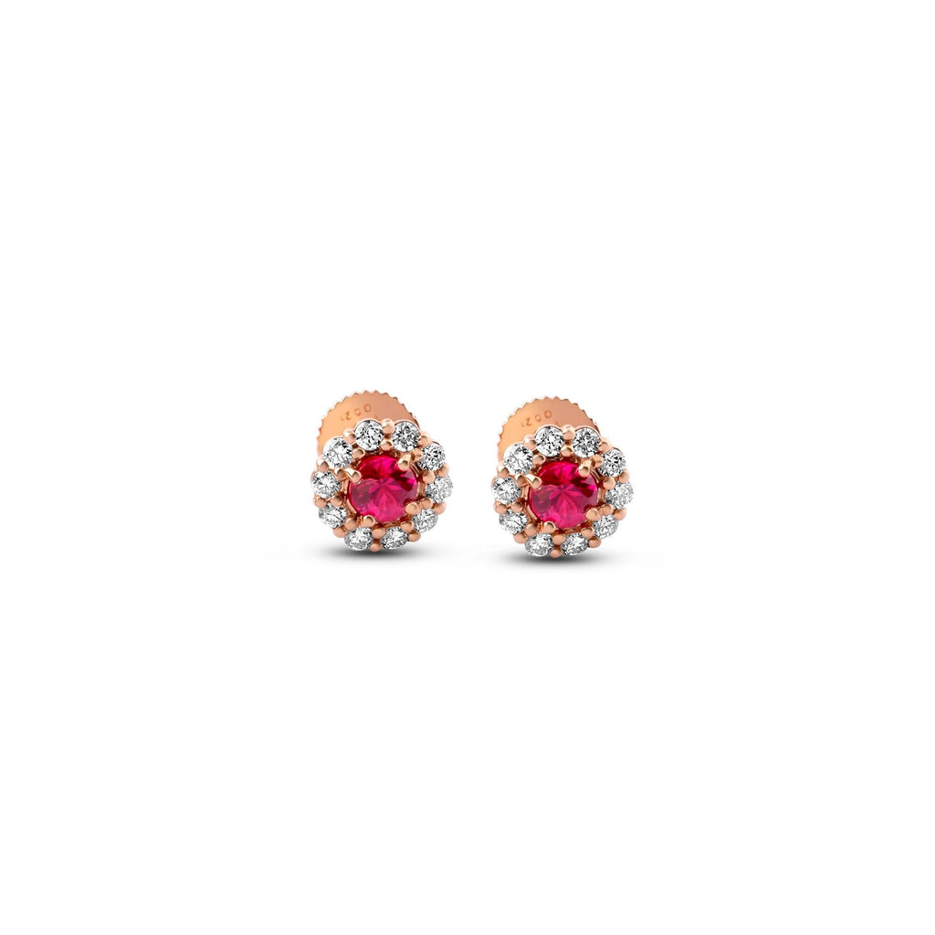 Orecchini a lobo halo con rubini e diamanti in oro rosa 18K, vista 4