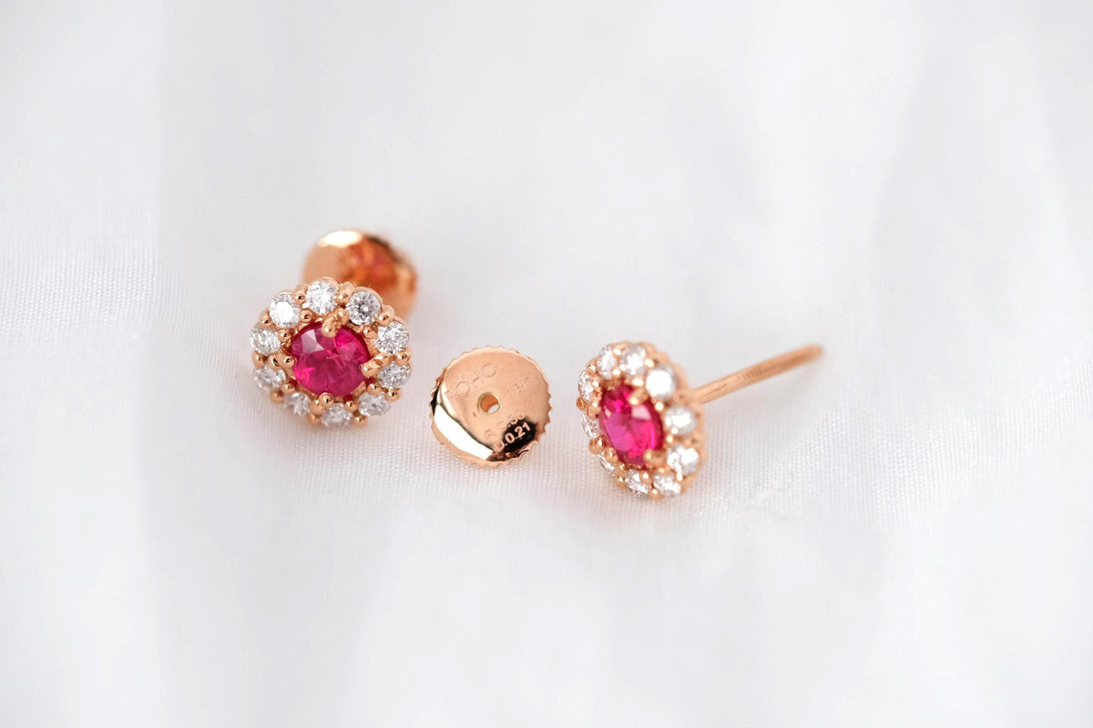 Ruby and diamond halo stud earrings in 18K rose gold, view 2