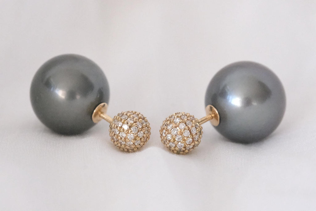 Tahitian pearl and diamond front-back earrings in 18K yellow gold, view 10