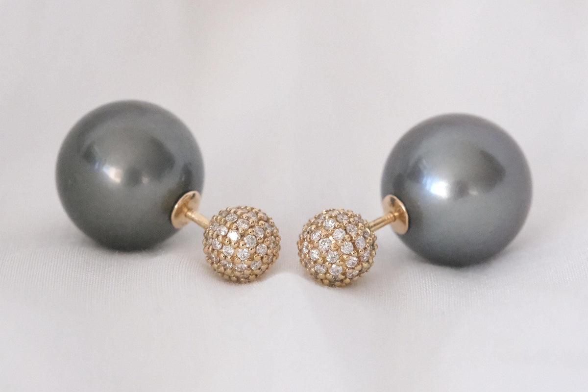 Tahitian pearl and diamond front-back earrings in 18K yellow gold, view 10