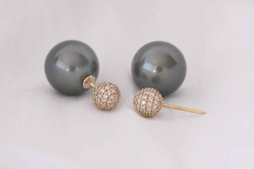 Tahitian pearl and diamond front-back earrings in 18K yellow gold, view 11