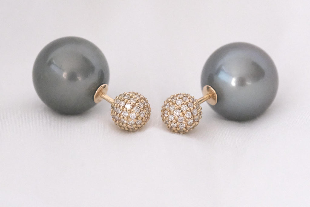 Tahitian pearl and diamond front-back earrings in 18K yellow gold, view 13