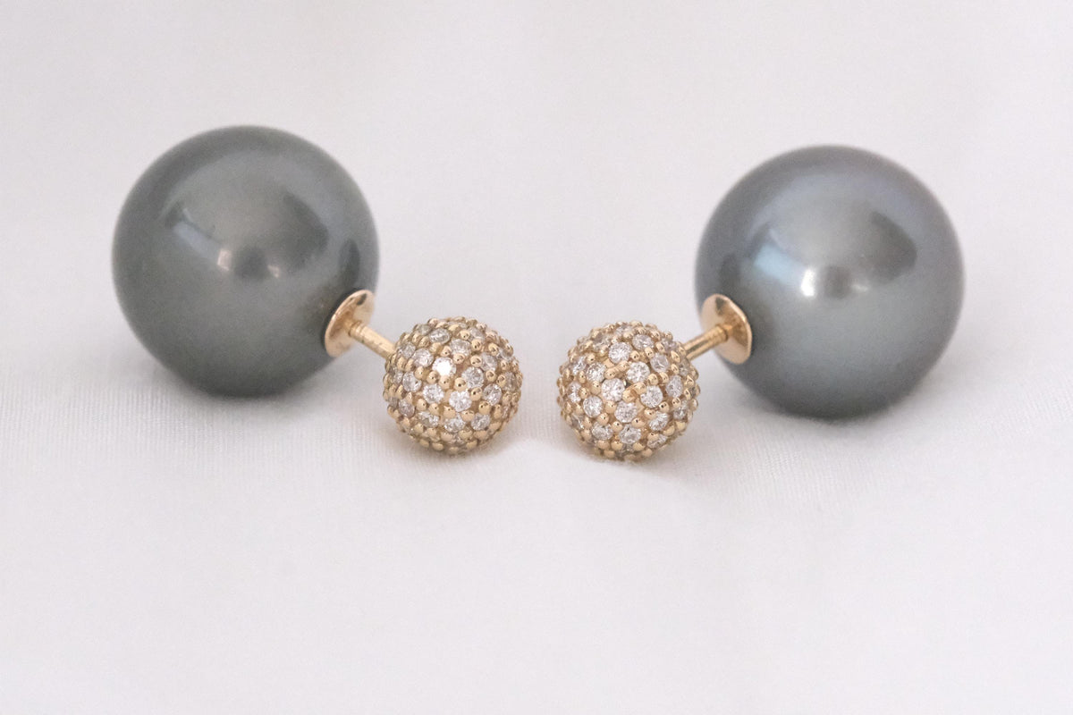 Tahitian pearl and diamond front-back earrings in 18K yellow gold, view 13