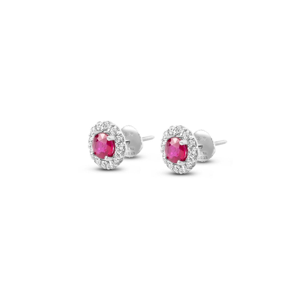Ruby and diamond flower halo stud earrings in 18K white gold