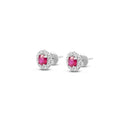 Ruby and diamond flower halo stud earrings in 18K white gold