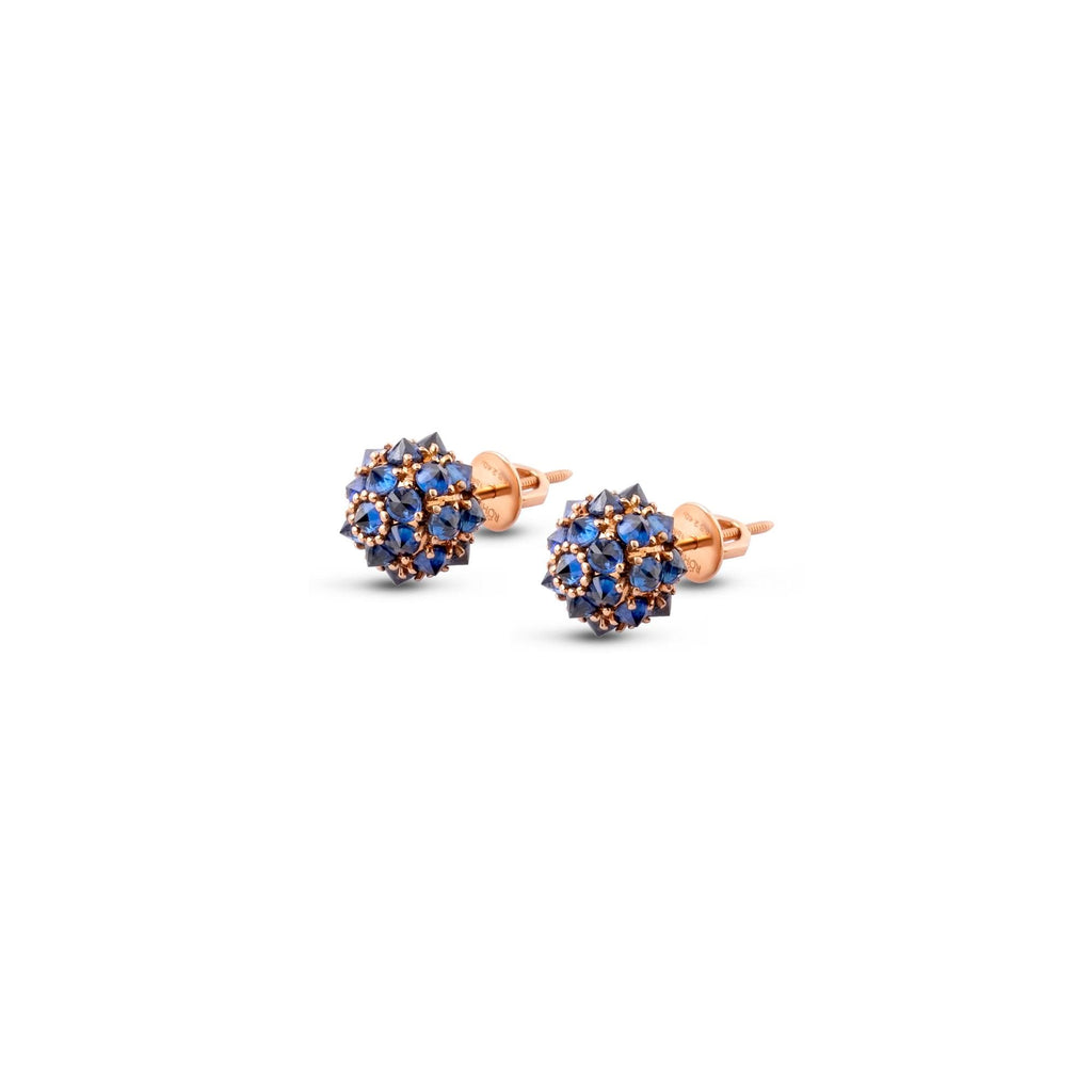 Blue sapphire spike ball stud earrings in 18K gold