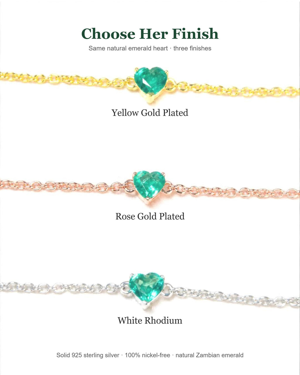 Choose her finish: natural Zambian emerald heart bracelet in yellow gold, rose gold or white rhodium plated 925 silver