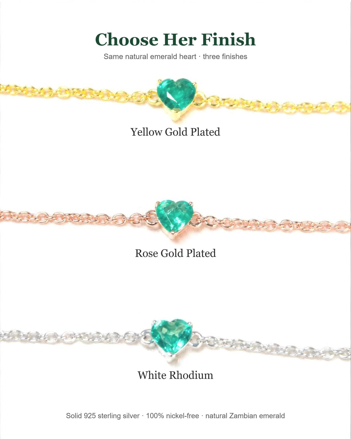 Choose her finish: natural Zambian emerald heart bracelet in yellow gold, rose gold or white rhodium plated 925 silver