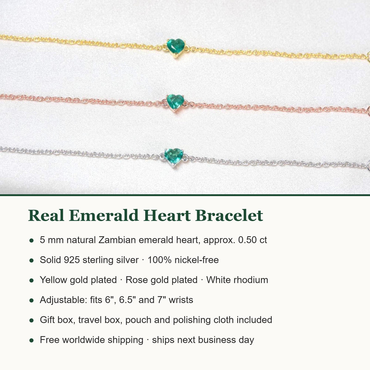 5mm natural Zambian emerald heart bracelet, adjustable to fit 6, 6.5 and 7 inch wrists