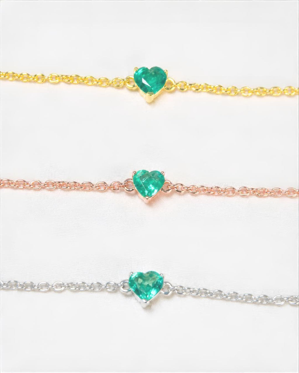 Natural emerald heart bracelet in yellow gold plated 925 sterling silver with a 5mm heart-cut Zambian emerald solitaire