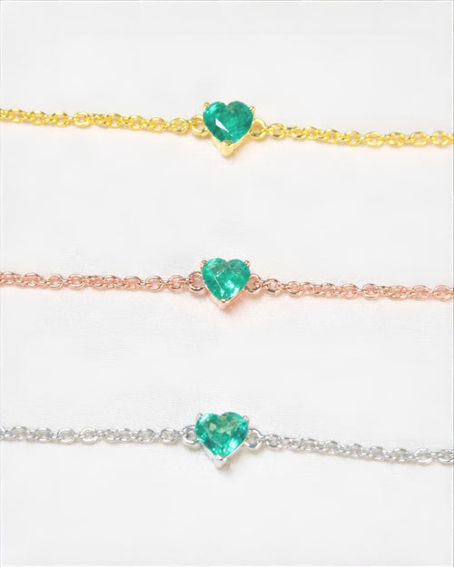 Natural emerald heart bracelet in yellow gold plated 925 sterling silver with a 5mm heart-cut Zambian emerald solitaire
