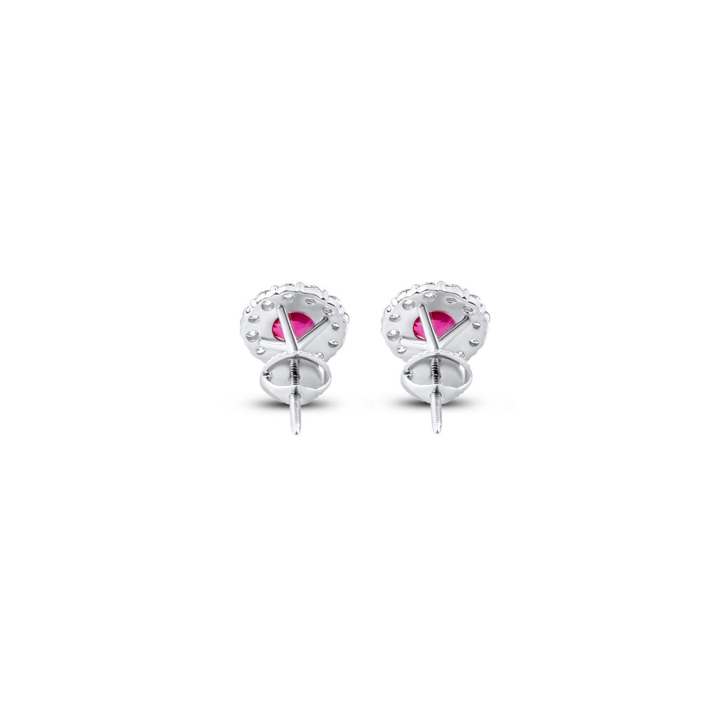 Ruby and diamond halo stud earrings in 18K white gold, view 5