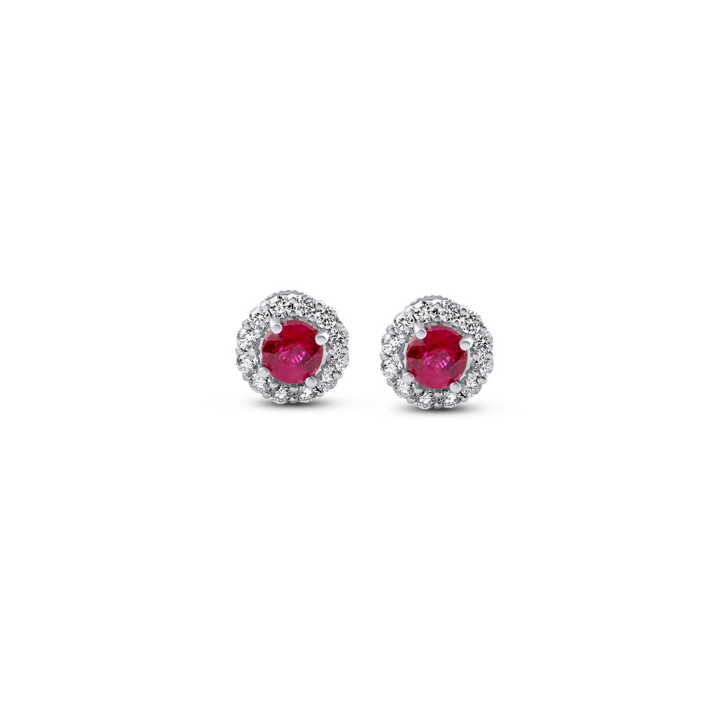 Ruby and diamond halo stud earrings in 18K white gold