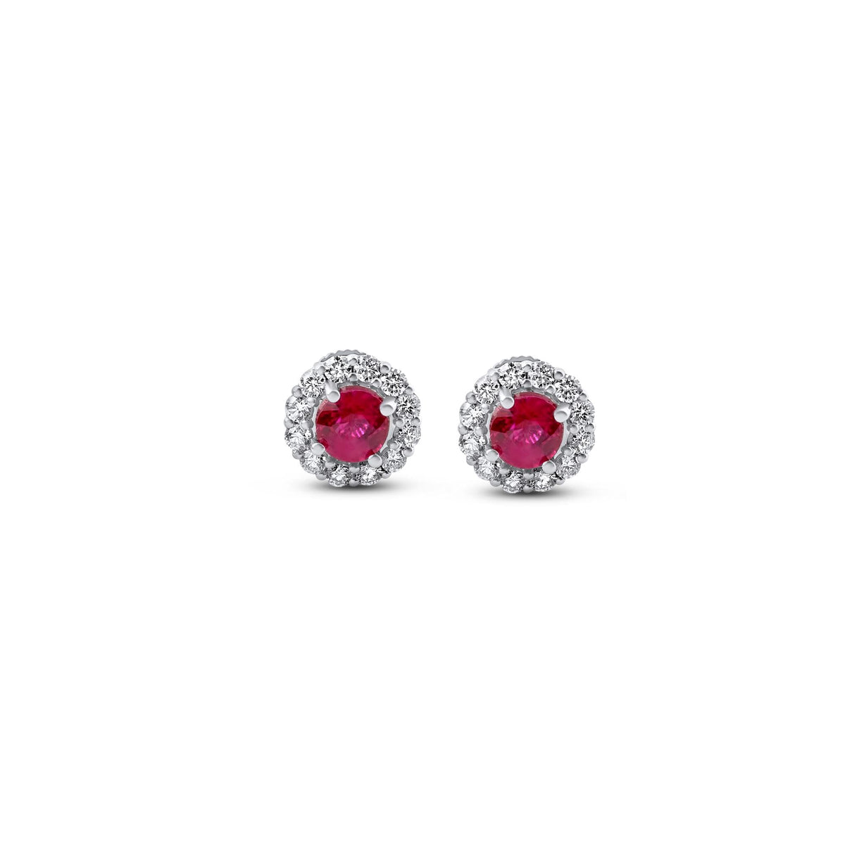 Ruby and diamond halo stud earrings in 18K white gold