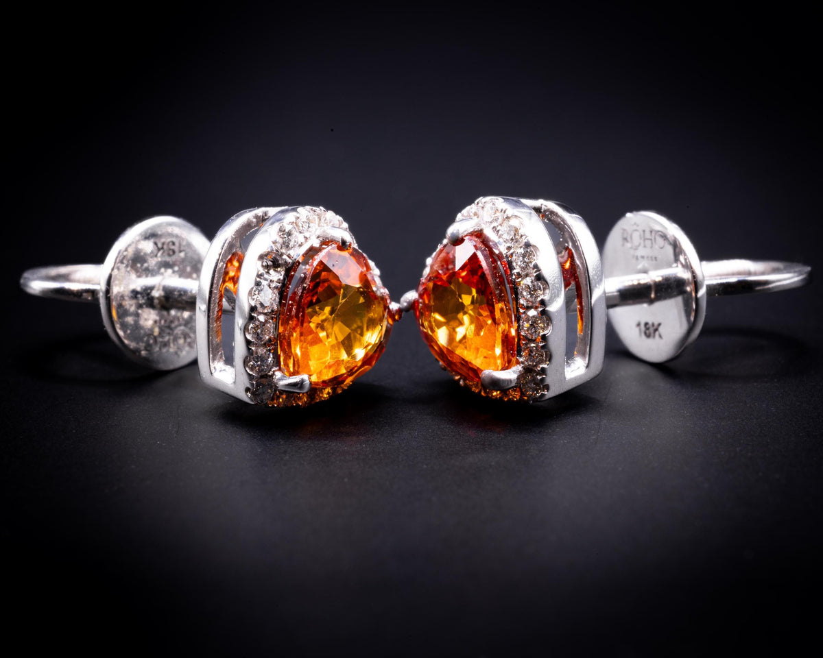 Orange sapphire and diamond heart halo stud earrings in 18K gold, view 2