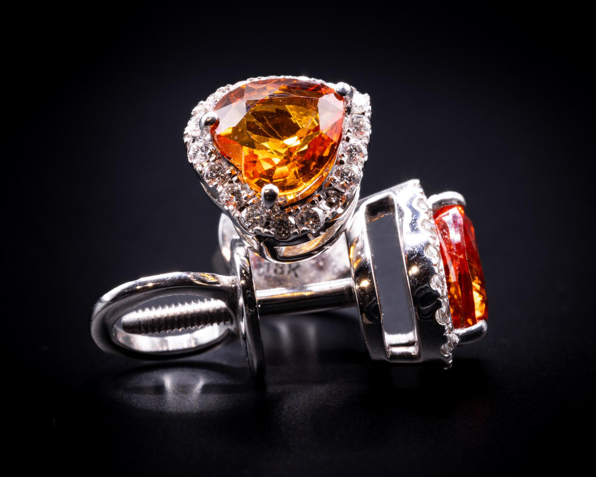 Puces d'oreilles cœur halo saphir orange et diamants en or 18K, vue 16