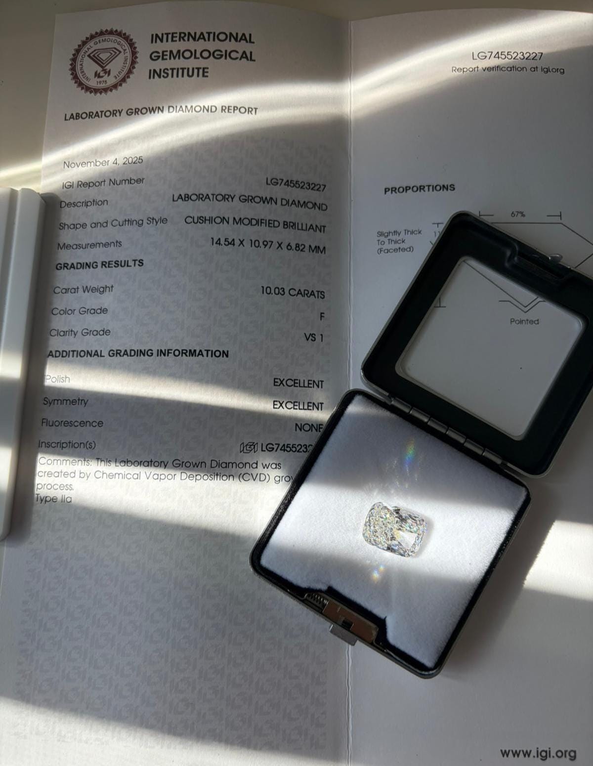 10.03ct IGI鑑定 ラボグロウン ラディアントカット ダイヤモンド、F VS1、画像12