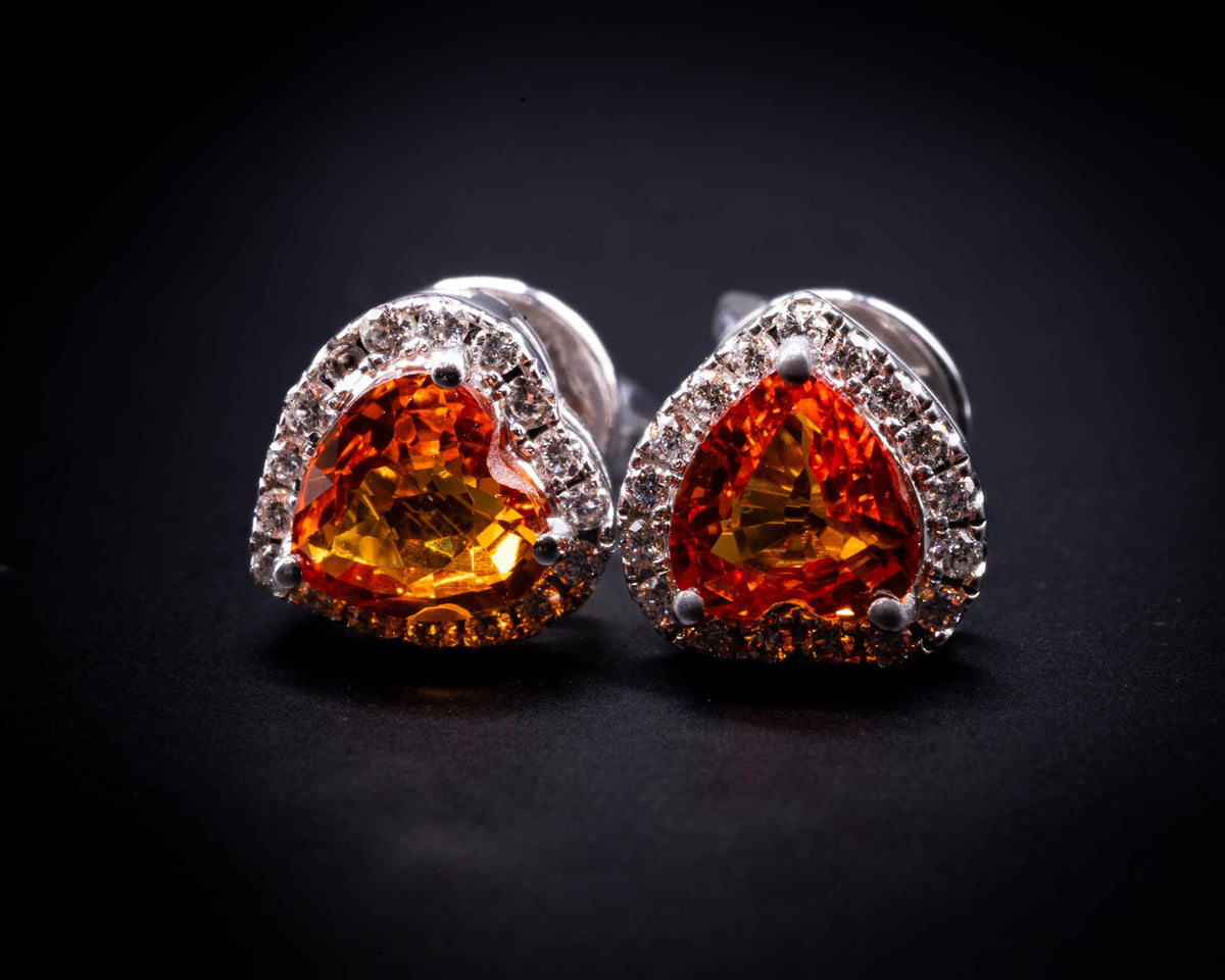 Puces d'oreilles cœur halo saphir orange et diamants en or 18K, vue 14