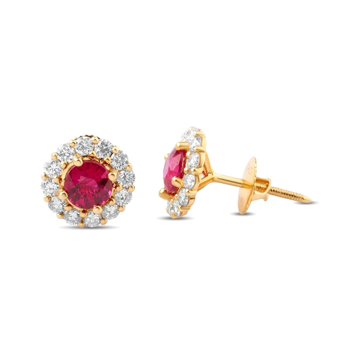 18K 黄金红宝石钻石光环耳钉，4.5 mm，视图 10