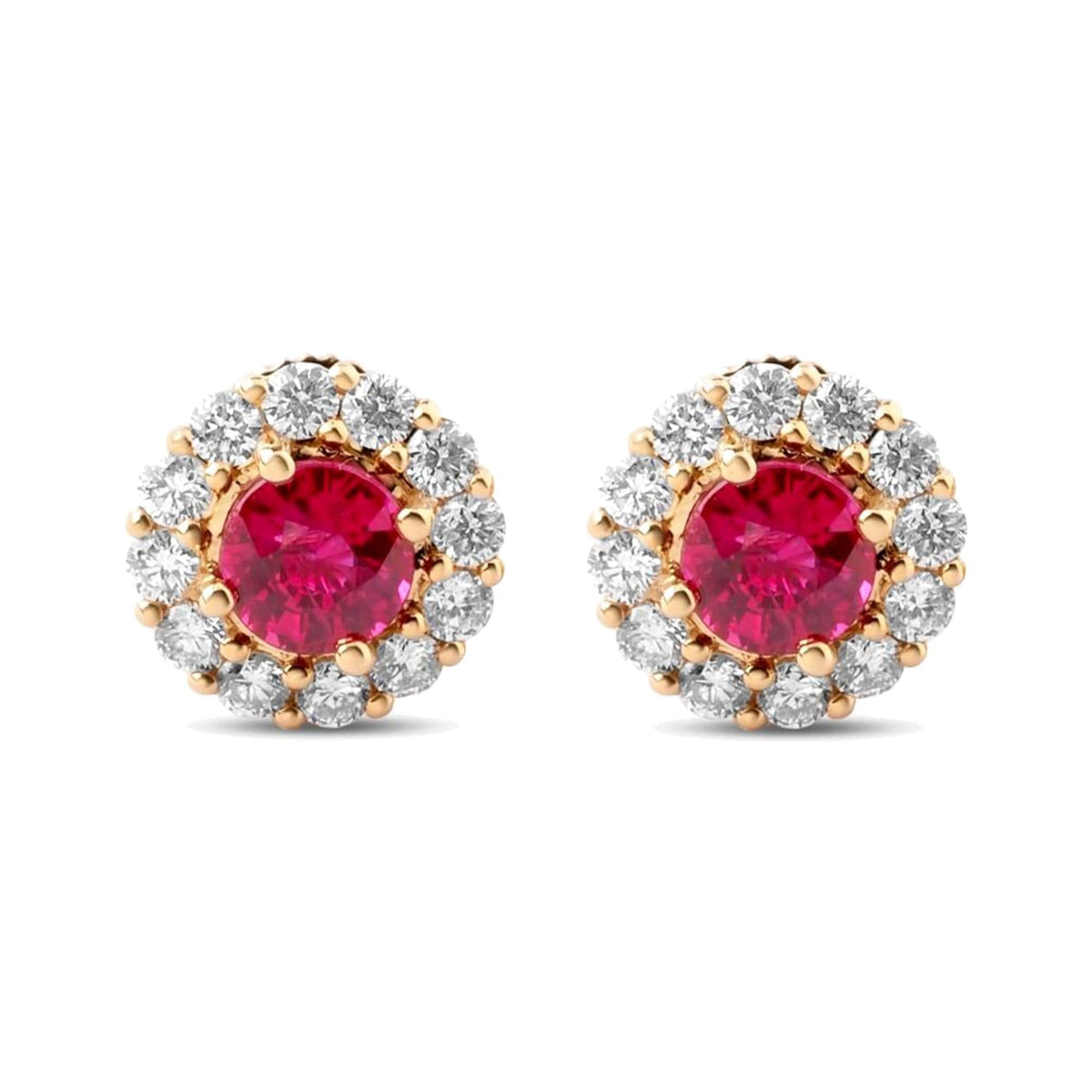 Ruby and diamond halo stud earrings in 18K yellow gold, 4.5 mm