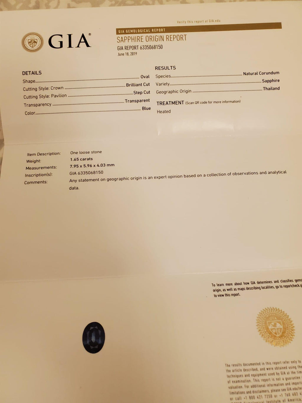 Zaffiro ovale blu reale 1.65 ct certificato GIA, sciolto, vista 9