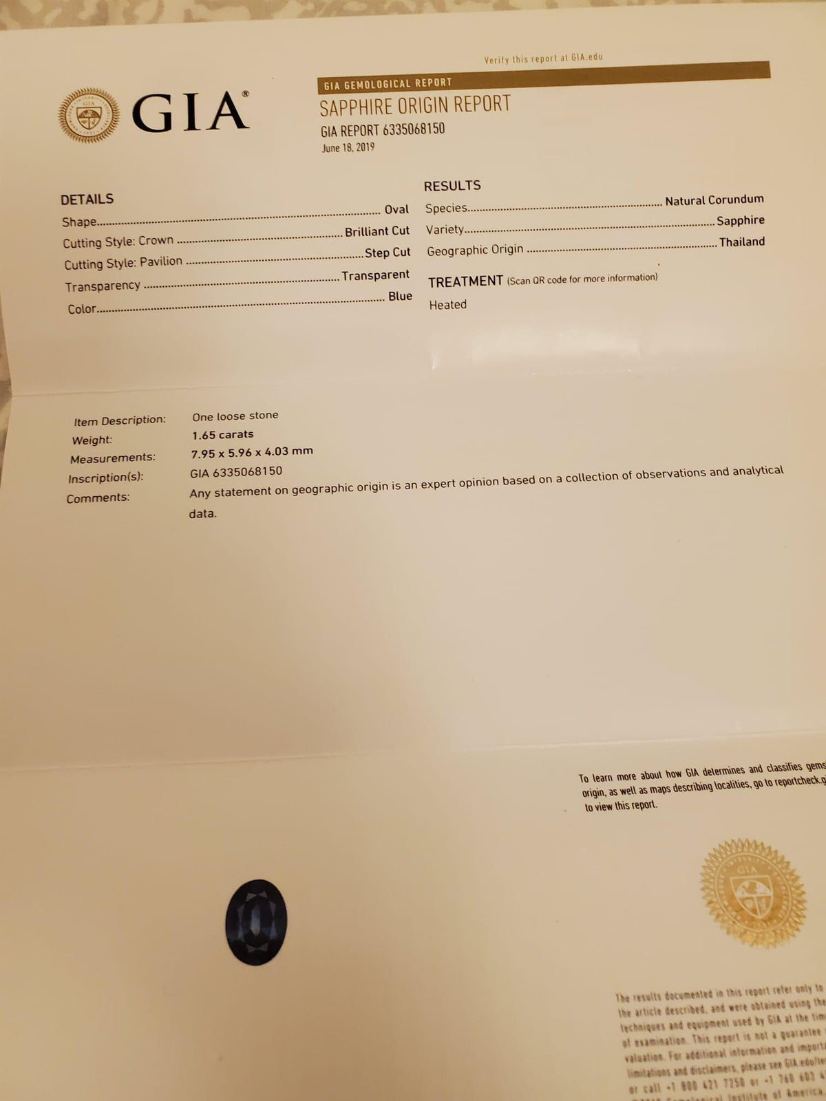 Zaffiro ovale blu reale 1.65 ct certificato GIA, sciolto, vista 9