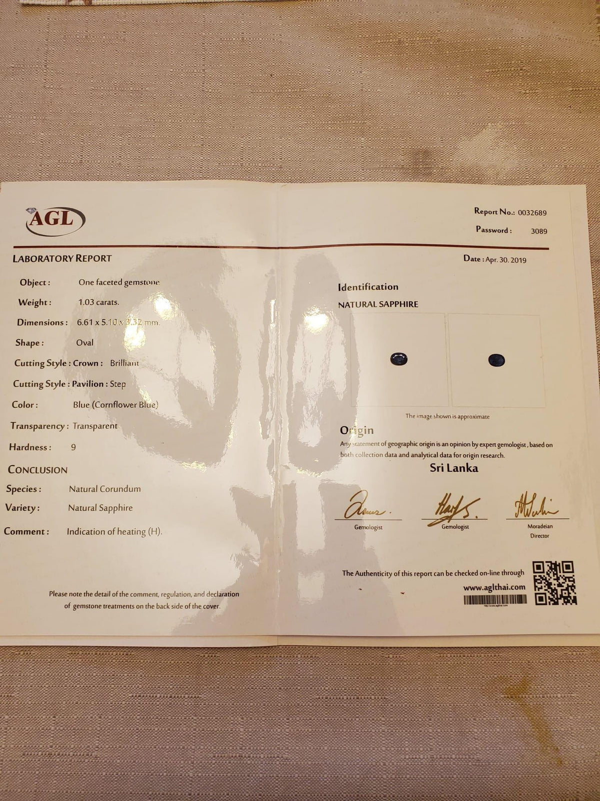 AGL-zertifizierter kornblumenblauer Ceylon-Saphir, 1.03 ct, ovaler Treppenschliff, Ansicht 9
