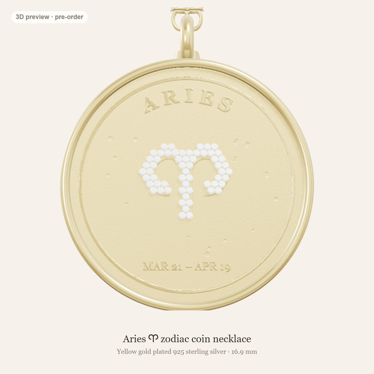 Aries zodiac constellation coin necklace in 925 sterling silver with lab-grown diamond stars and a natural diamond birthstone, 3D preview 1 of 4