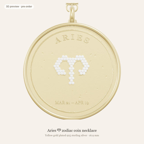 Aries zodiac constellation coin necklace in 925 sterling silver with lab-grown diamond stars and a natural diamond birthstone, 3D preview 1 of 4