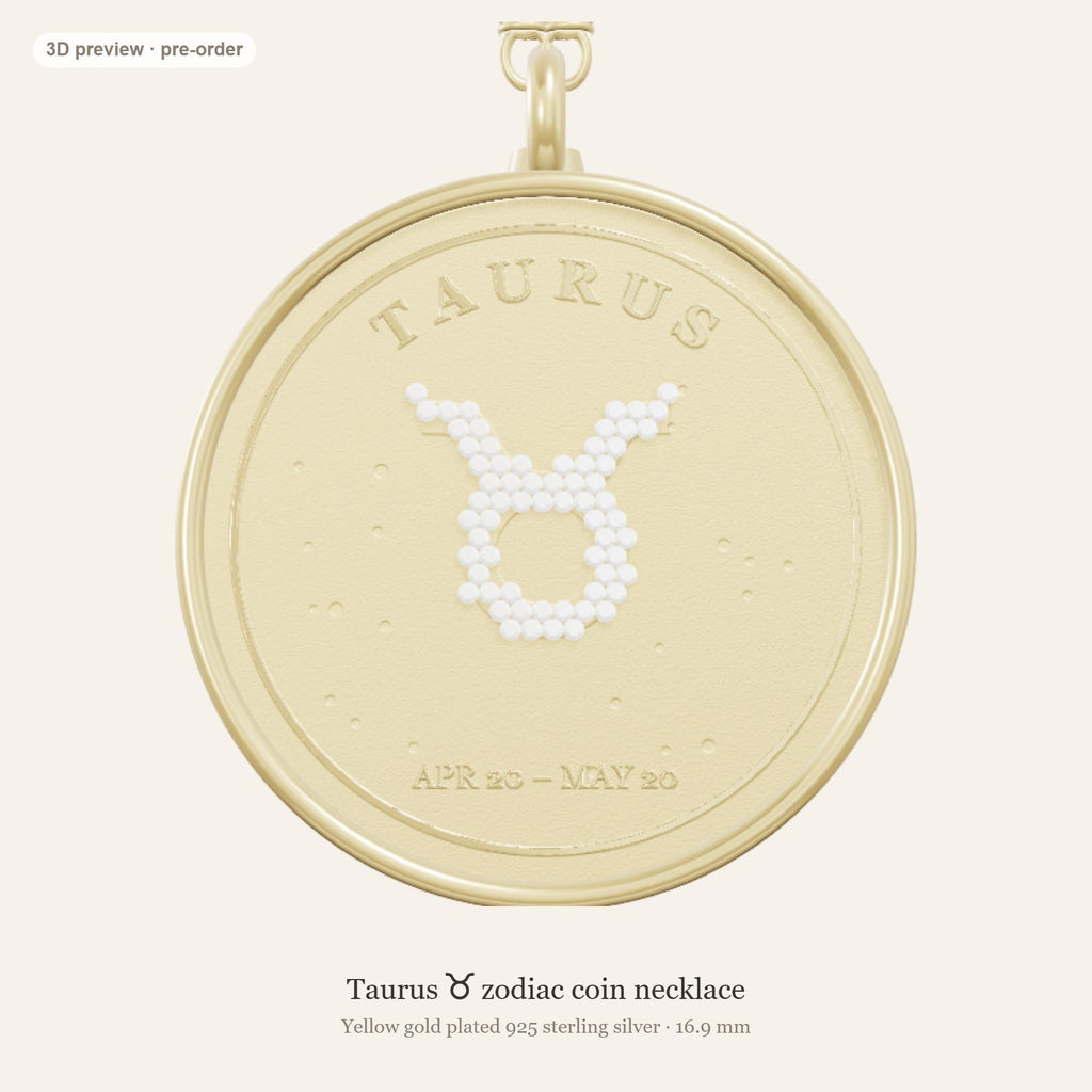Taurus zodiac constellation coin necklace in 925 sterling silver with lab-grown diamond stars and a natural emerald birthstone, 3D preview 1 of 4