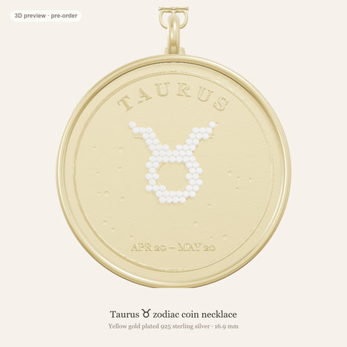 Taurus zodiac constellation coin necklace in 925 sterling silver with lab-grown diamond stars and a natural emerald birthstone, 3D preview 1 of 4