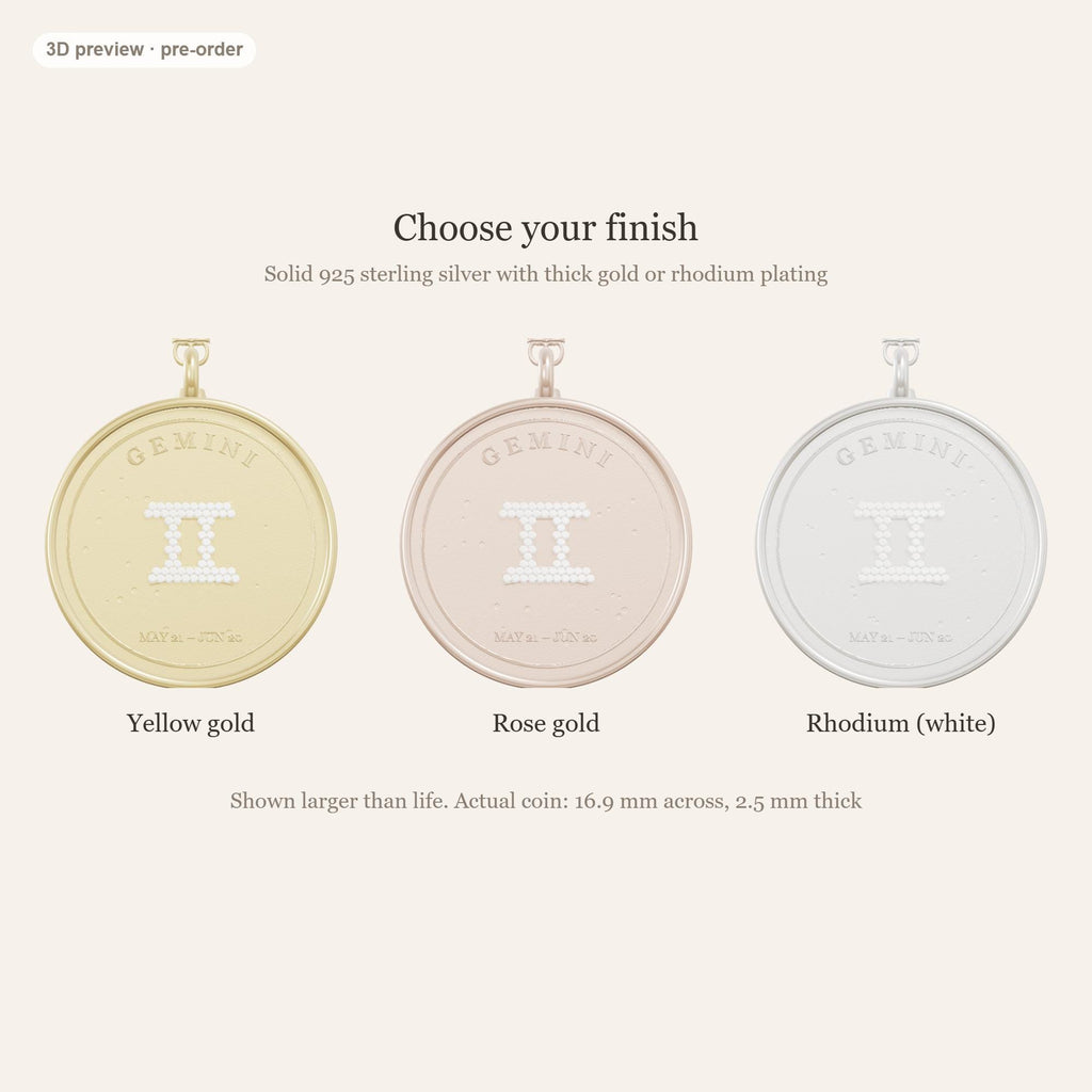 Gemini zodiac constellation coin necklace in 925 sterling silver with lab-grown diamond stars and a genuine freshwater pearl birthstone, 3D preview 3 of 4